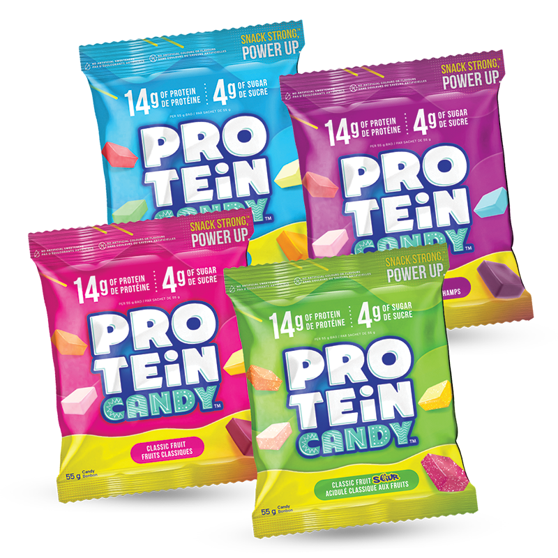 protein candy variety pack all flavours classic fruit, classic fruit sour, tropical fruit, berry punch